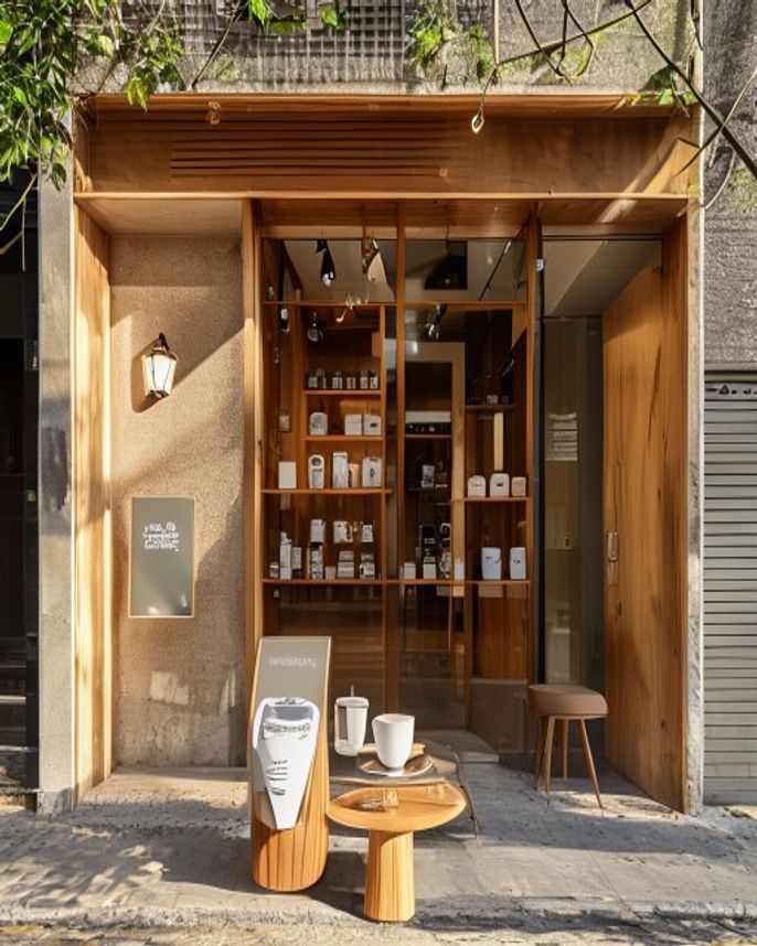 Entrada do Ophicina Botafogo — vidro e madeira clara, ambiente boutique